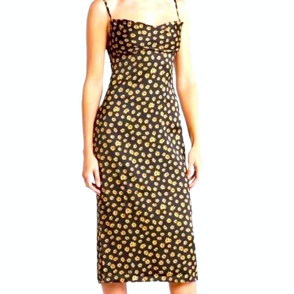 WeWoreWhat black yellow‎ satin floral Ditsy Daisy midi dress women's 0 New